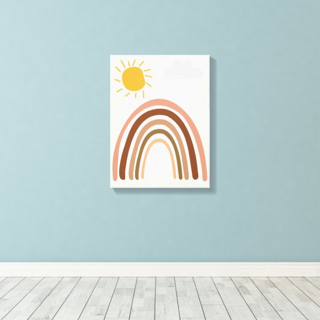 Rainbow Sun Cloud, Kids Drawing, Boho Abstract Art Canvas Print (Insitu(Wood Floor))