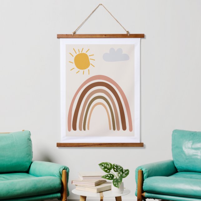 Rainbow Sun Cloud, Kids Drawing, Boho Abstract Art Hanging Tapestry (Living Room)