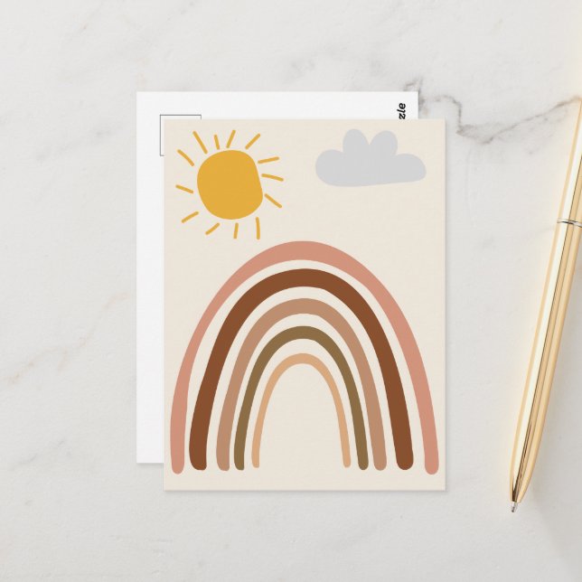 Rainbow Sun Cloud, Kids Drawing, Boho Abstract Art Postcard (Front/Back In Situ)