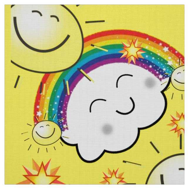 Rainbow Sun Clouds Yellow Fabric (Swatch)