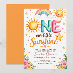 Rainbow Sun Floral Girl Birthday Party Invitation