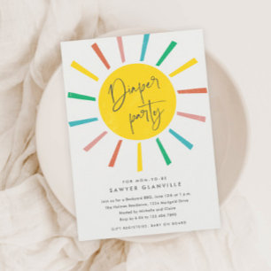 Rainbow Sun Script Modern Diaper Party Baby Shower Invitation