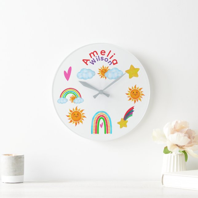 Rainbow Sun Star and Clouds are Happy Together Large Clock (Home)