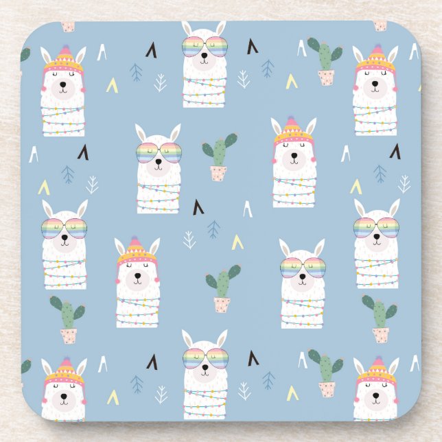 Rainbow Sunglasses Llama Pattern Coaster (Front)