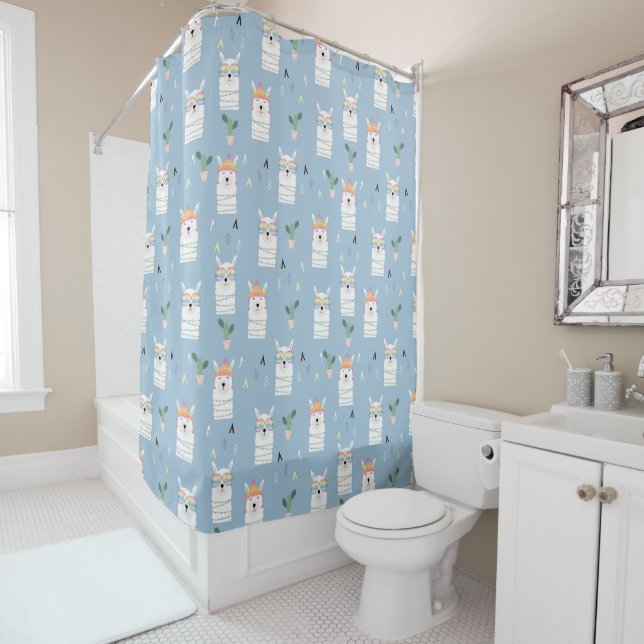 Rainbow Sunglasses Llama Pattern Shower Curtain (In Situ)