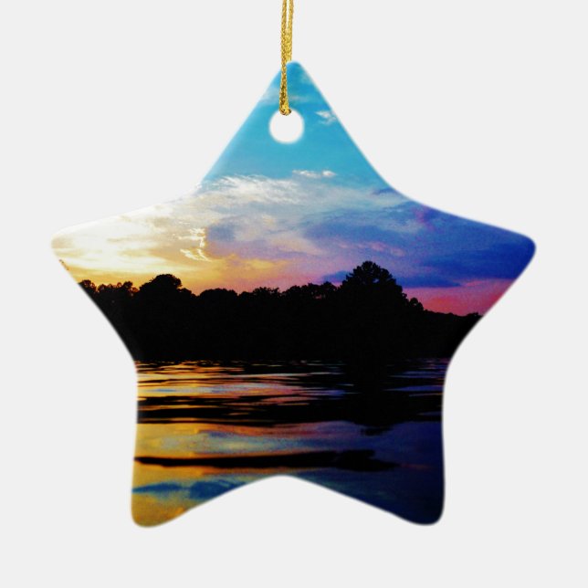 Rainbow sunset on mountain Lake Ceramic Tree Decoration (Front)