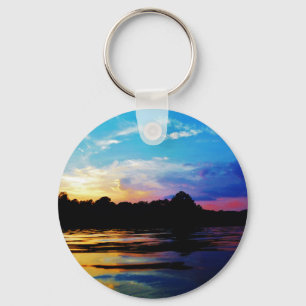 Rainbow sunset on mountain Lake Key Ring
