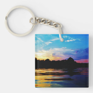 Rainbow sunset on mountain Lake Key Ring