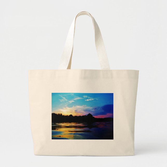 Rainbow sunset on mountain Lake Large Tote Bag (Front)