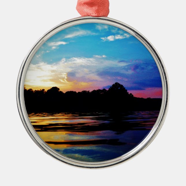 Rainbow sunset on mountain Lake Metal Tree Decoration (Front)