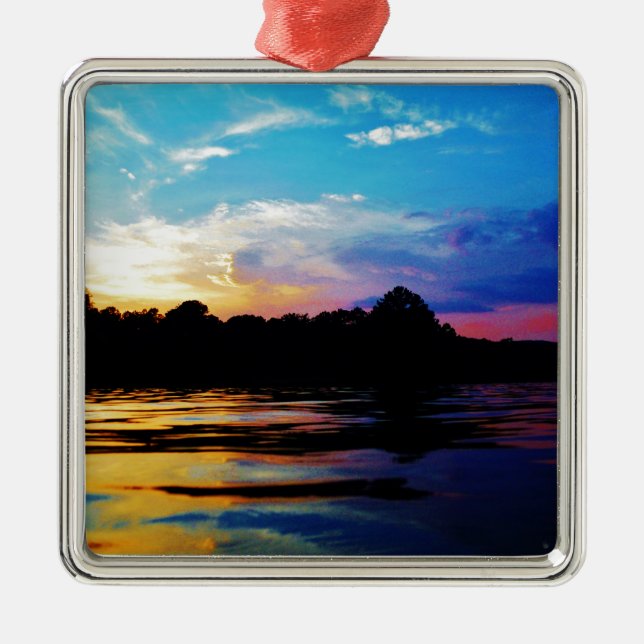 Rainbow sunset on mountain Lake Metal Tree Decoration (Front)