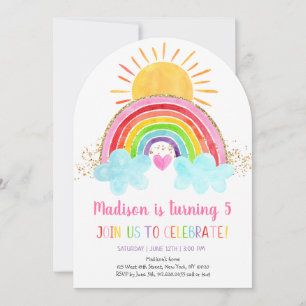 Rainbow Sunshine Pink Gold Birthday Invitation
