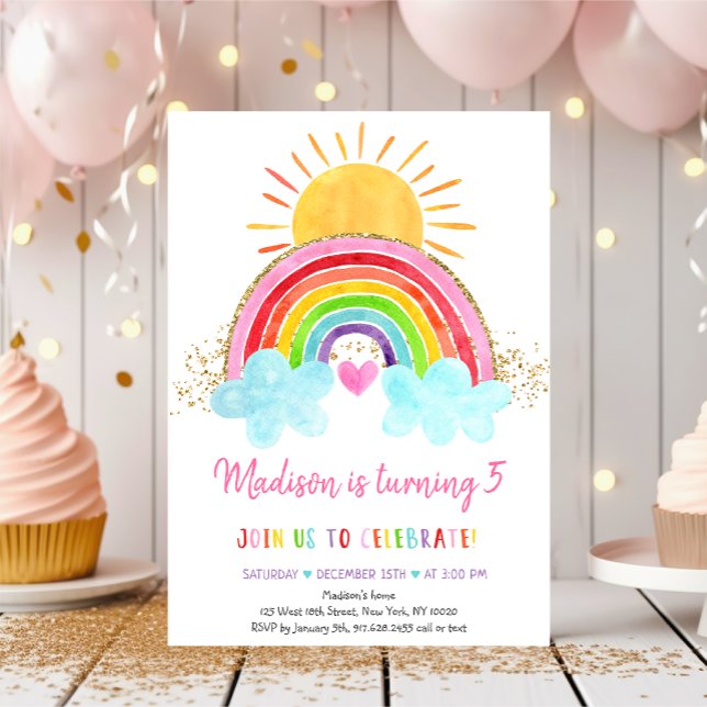 Rainbow Sunshine Pink Gold Birthday Invitation (Creator Uploaded)