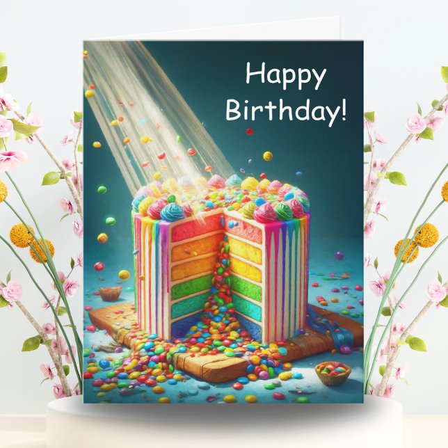 Rainbow Surprise Birthday Cake Card (Vibrant hues cascade on this birthday card, a sweet surprise awaits inside.)