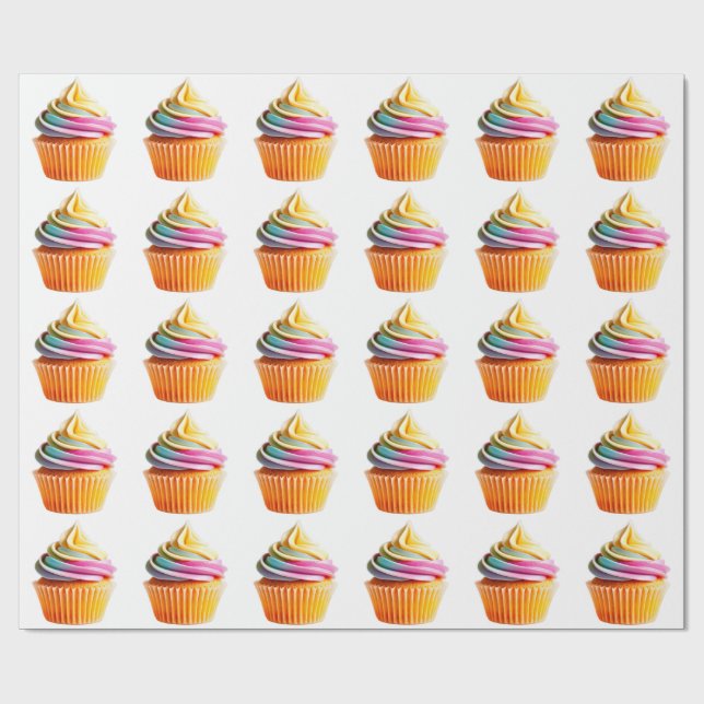 Rainbow Swirl Cupcake with Colorful Wrapper Wrapping Paper (Flat)