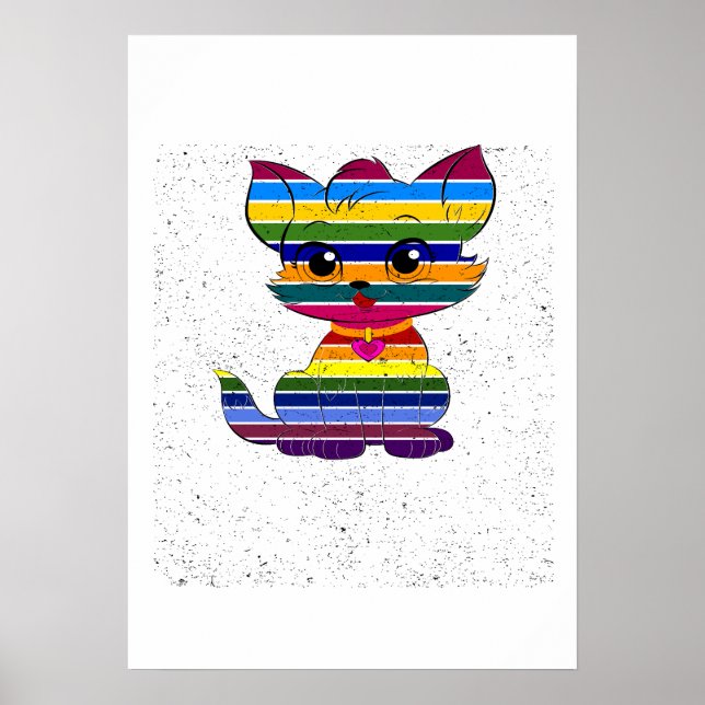 Rainbow Tabby Pride Cute LGBTQ Cat Retro Art Poster (Front)