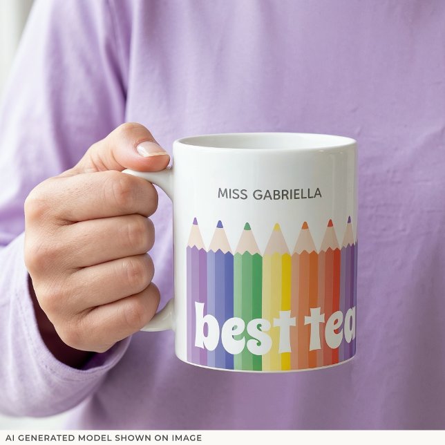 Rainbow Teacher Appreciation Best Teacher Mug (An 11-oz mug is shown, add name and choose mug style and size.)