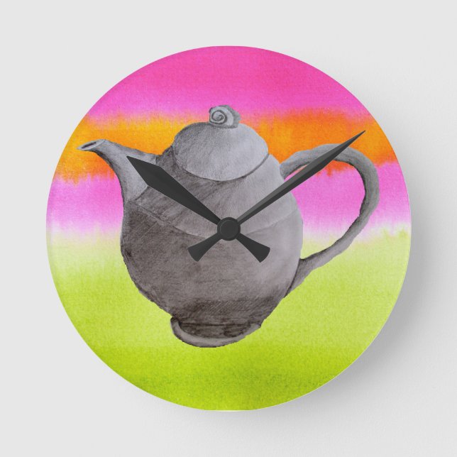 Rainbow Teapot arty tea party Round Clock (Front)