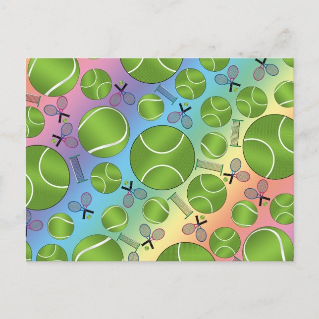 Rainbow tennis balls rackets and nets postcard (Front)
