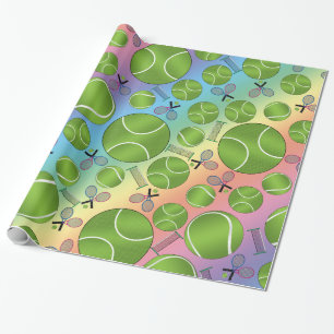 Rainbow tennis balls rackets and nets wrapping paper