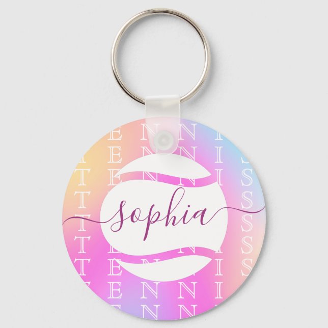 Rainbow Tennis Typography Ball & Girl Players Kids Key Ring (Front)
