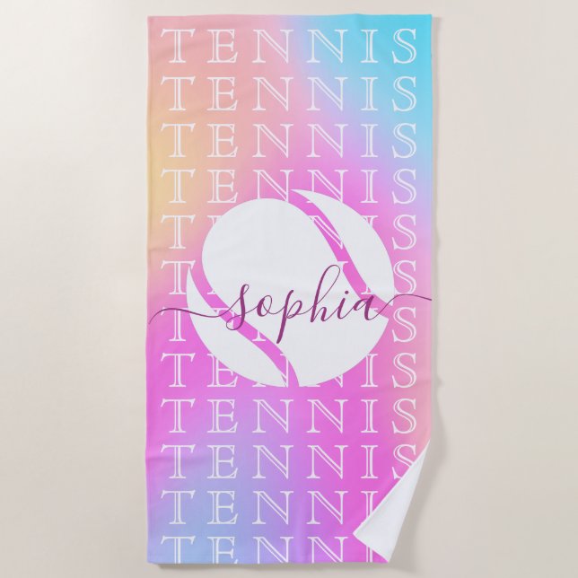 Rainbow Tennis Typography Ball & Girl Players Name Beach Towel (Front)