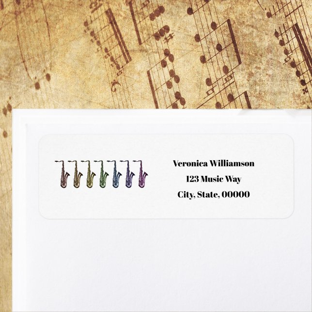 Rainbow Tenor Saxophone Personalise Return Address (Return address label with a rainbow of saxophones)