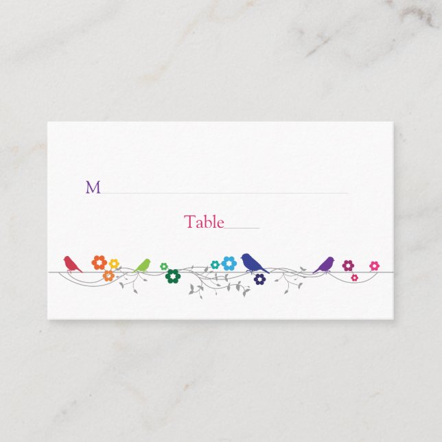 Rainbow Theme Birds Flowers Wedding Place Cards (Front)