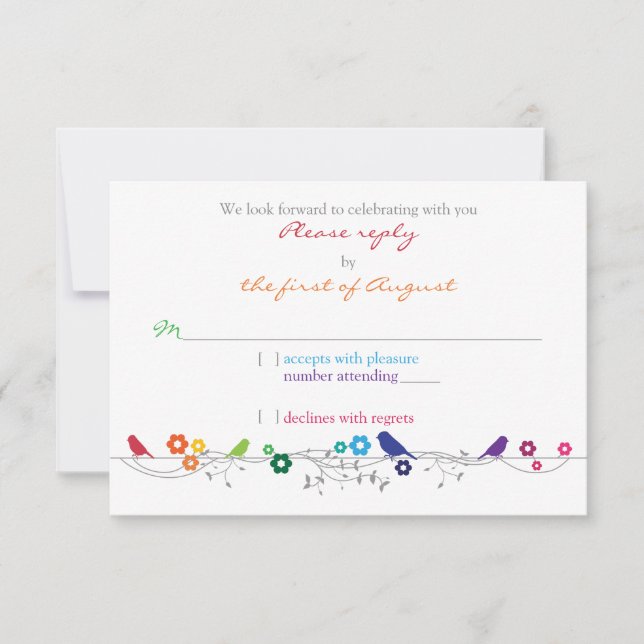 Rainbow Theme Birds Flowers Wedding RSVP Reply Card (Front)