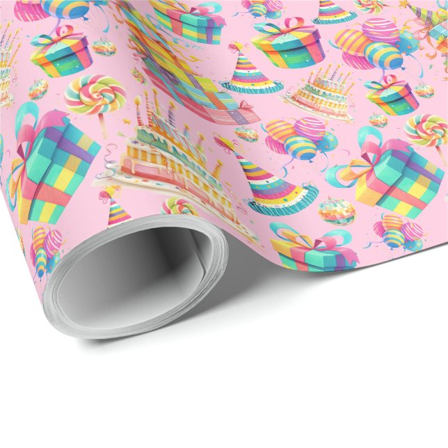 Rainbow Themed Pink Birthday Wrapping Paper (Roll Corner)