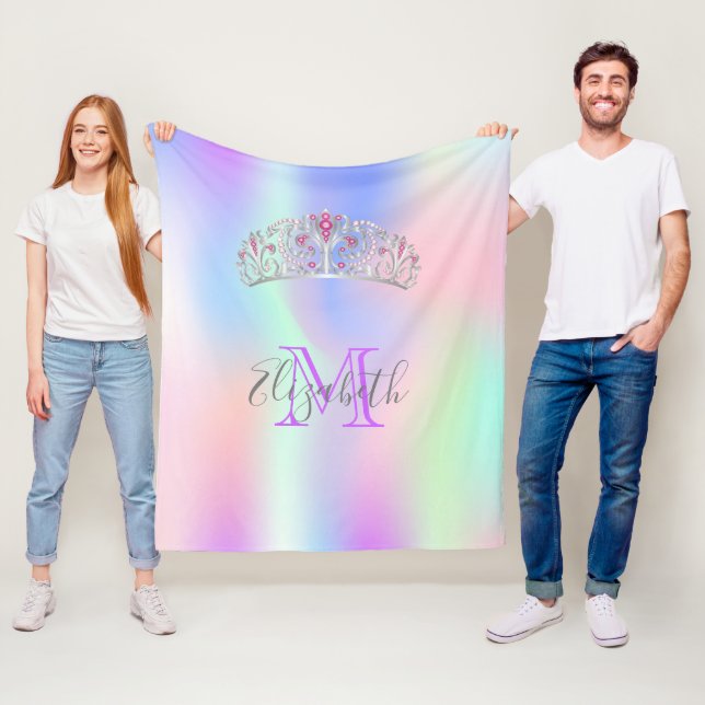 Rainbow tiara crown pink monogram holographic fleece blanket (In Situ)
