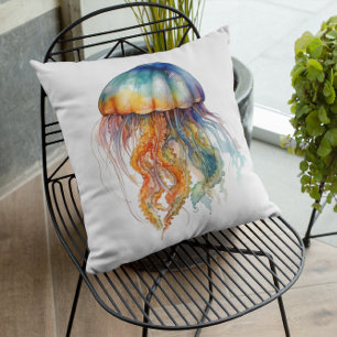 Rainbow Tides Jellyfish: Watercolor Art Cushion