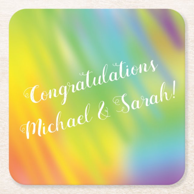 Rainbow Tie Dye Baby Shower Square Paper Coaster (Front)