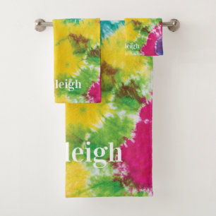 Rainbow Tie Dye Custom Name Housewarming Bath Towel Set
