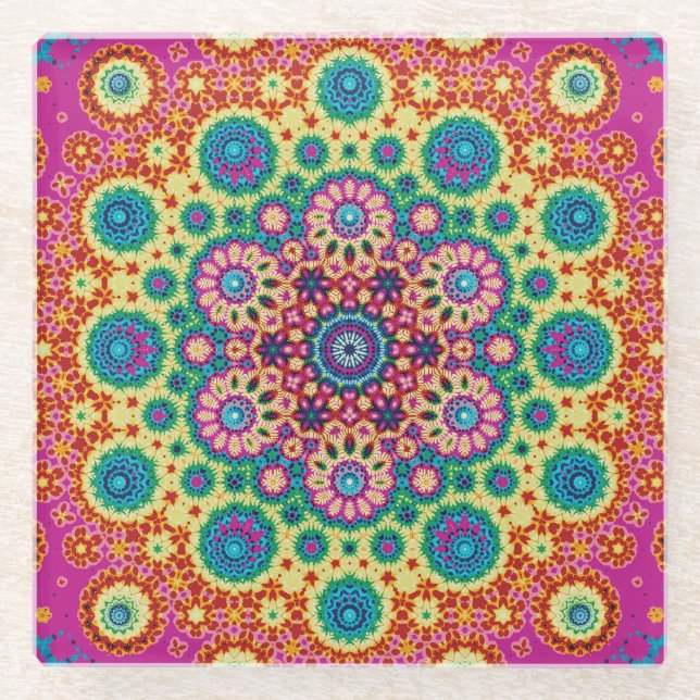 Rainbow Tie-dye Geometric Mandala 3 Pattern Glass Coaster (Front)