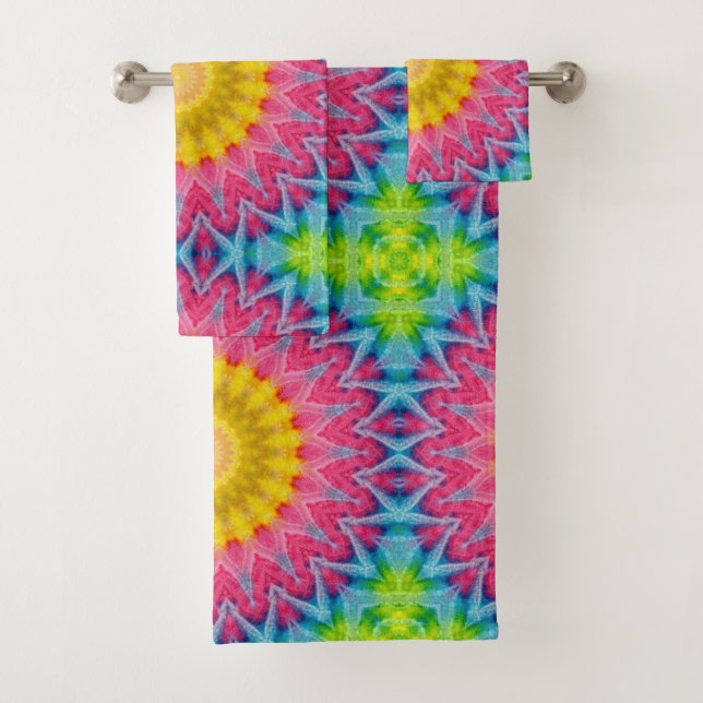 Rainbow Tie-Dye Mandala with Vibrant Symmetry Bath Towel Set (Insitu)