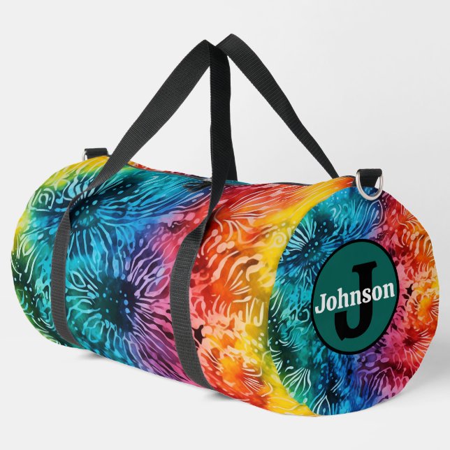Rainbow Tie Dye Pattern Monogram Personalised Duffle Bag (Left Corner)