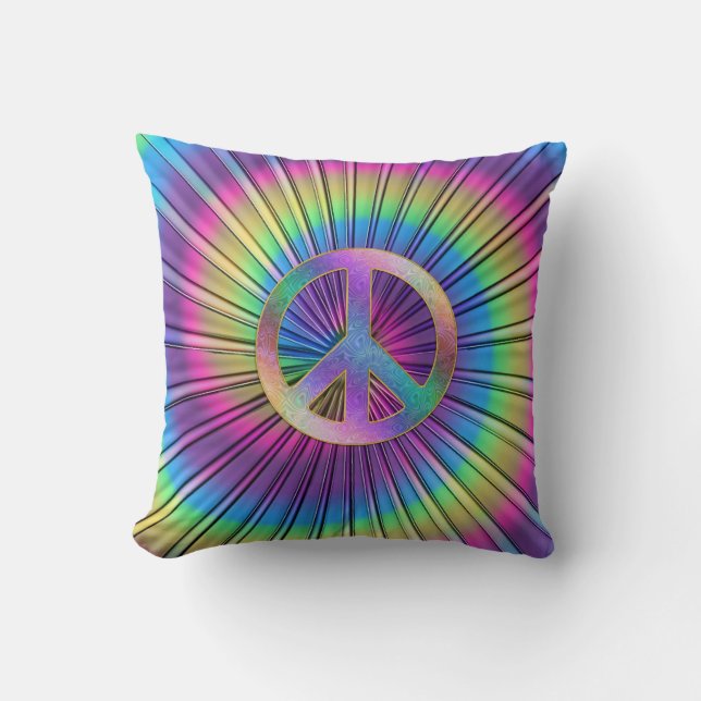Rainbow Tie-Dye Peace Sign Throw Pillow (Front)