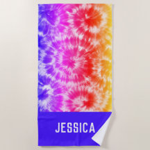 Rainbow Tie Dye Psychedelic Personalised Name Beach Towel