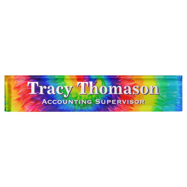 Rainbow Tie-Dye Swirl Alcohol Ink Desk Nameplate (Front)