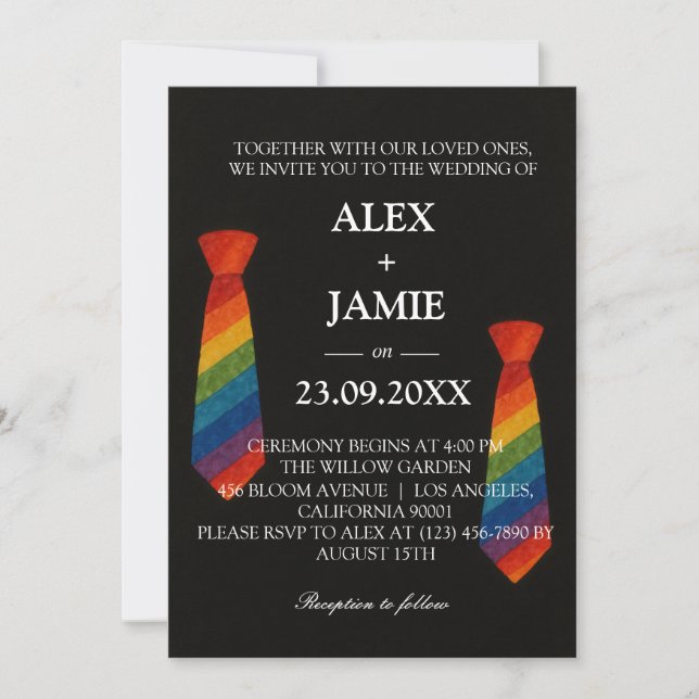 Rainbow Tie Gay Couple Modern Black Wedding Invitation (Front)