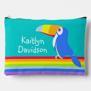 Rainbow toucan teal aqua kids name accessory pouch