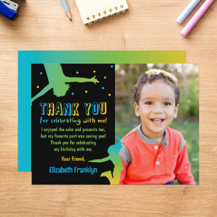 Rainbow Trampoline Birthday Photo Thank You Card