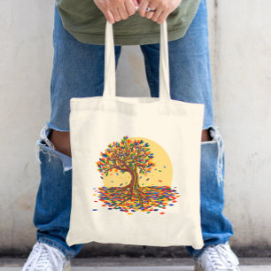 Rainbow tree and sun colourful happy illustration tote bag