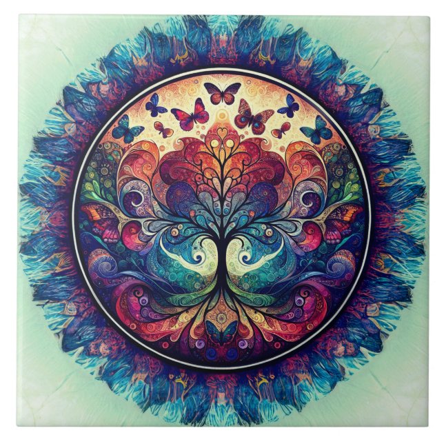 Rainbow Tree of Life Ancient Rustic Tile (Front)