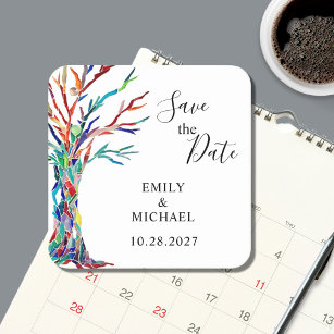 Rainbow Tree Wedding Save The Date Square Paper Coaster