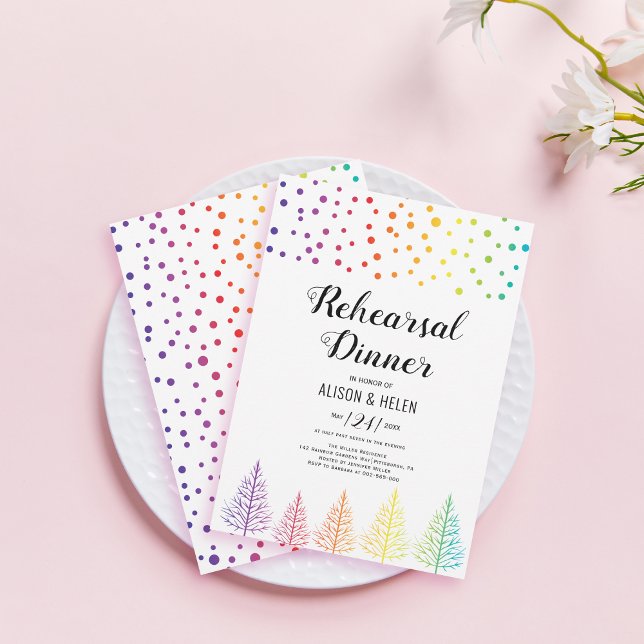 Rainbow trees lesbian wedding rehearsal dinner invitation (Creator Uploaded)