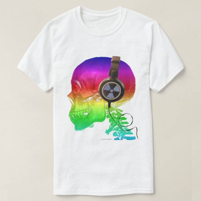 Rainbow Trippy Skull Bone Music T-Shirt (Design Front)