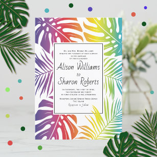 Rainbow tropical leaf pattern gay lesbian wedding invitation