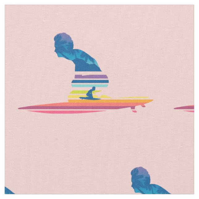 Rainbow tropical waves surfing man fabric (Close Up)